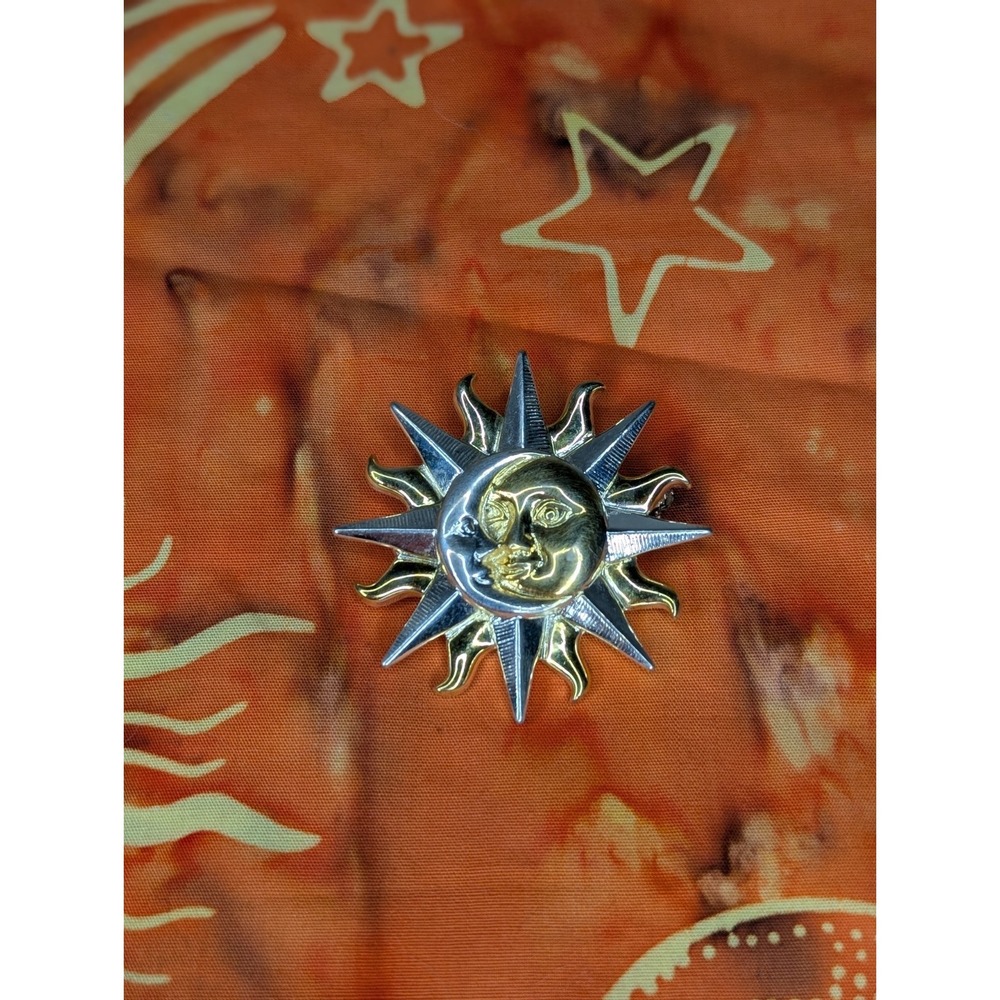 VINTAGE ANNE KLEIN 1980's GOLD/SILVER  TONE MOON & SUN BROOCH Pin & Scrap Fabric